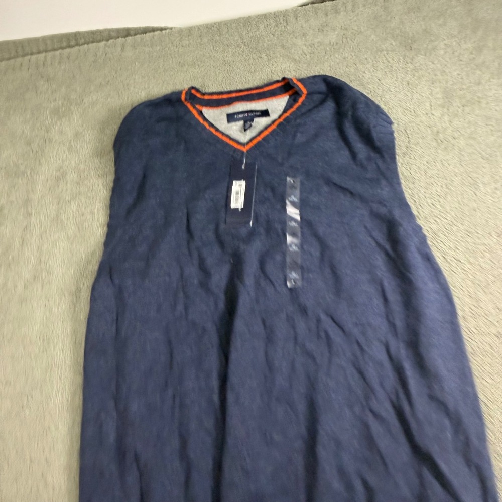 Tommy Hilfiger Mens Navy Blue Orange Trim V-Neck Knit Sweater Vest XL NEW